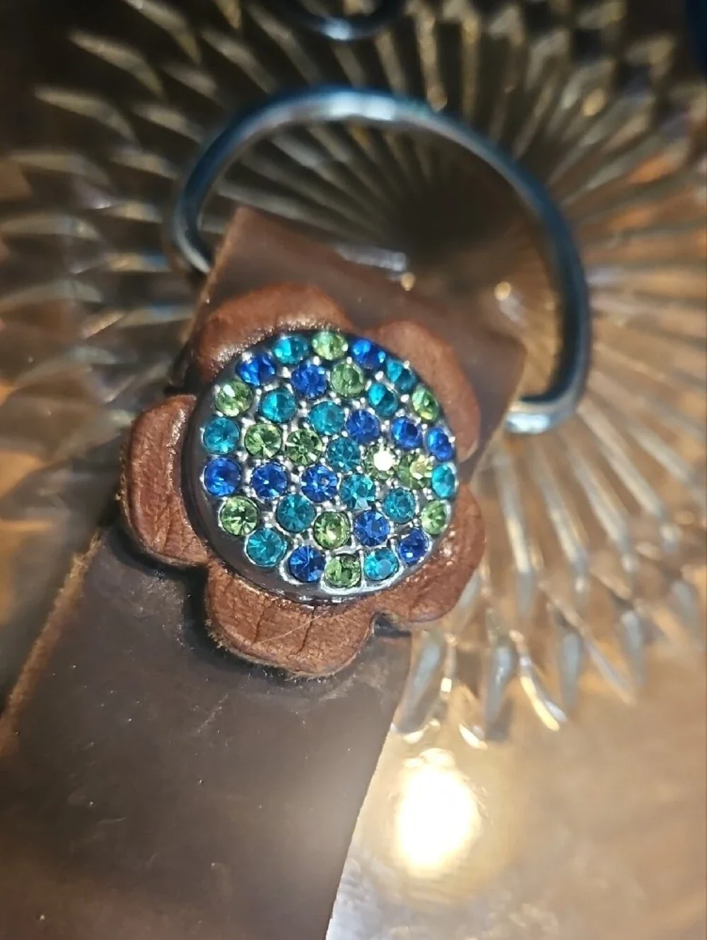 Hand Crafted Brown Genuine Leather Key Chain Fob with Blue & Green Crystal NEW